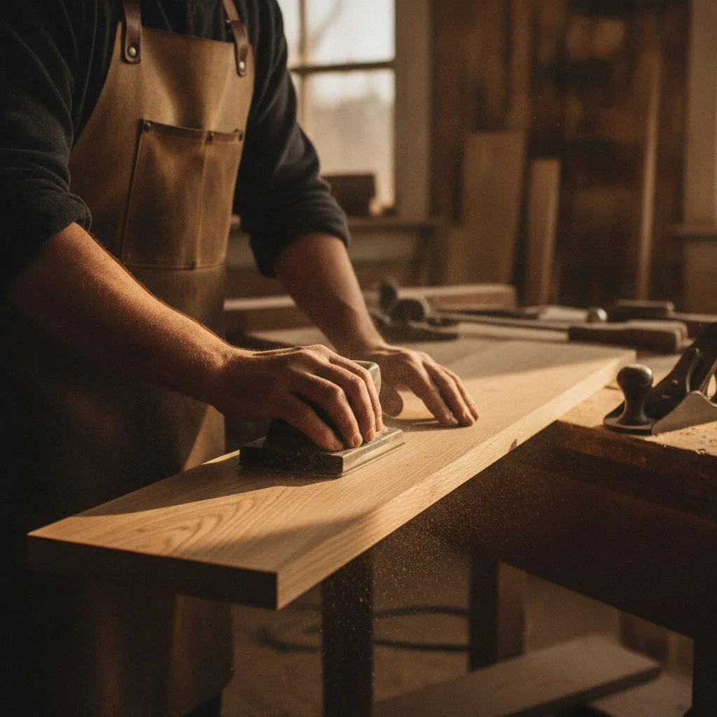 Carpintero lijando una tabla de madera en el taller