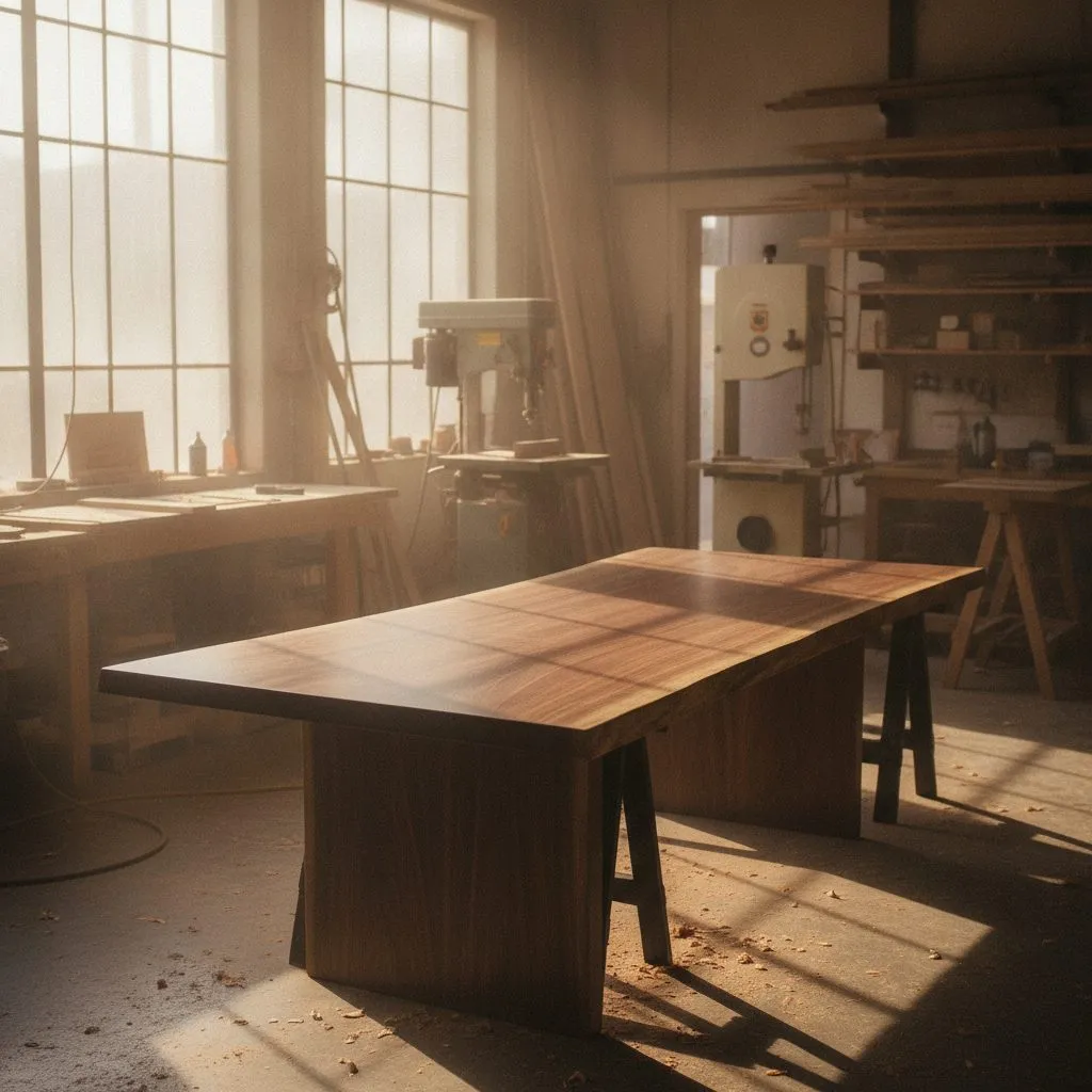 Mesa de madera terminada en el taller