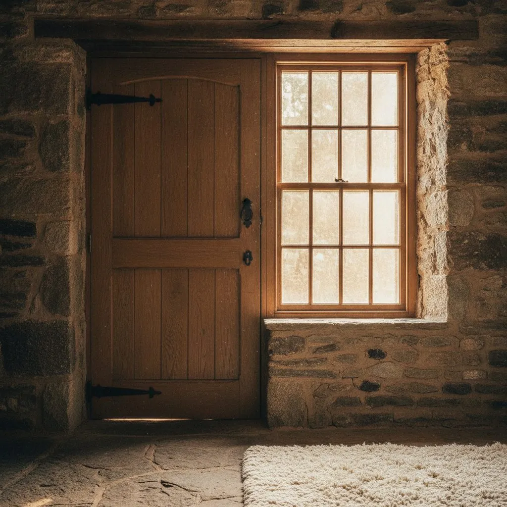 Puerta y ventana de madera en una casa de piedra