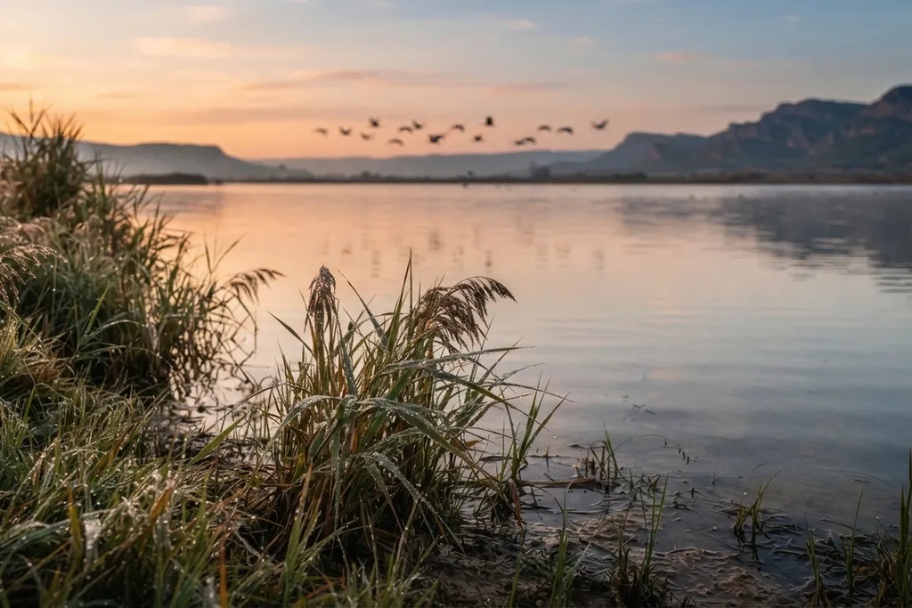 Amanecer en la orilla de una laguna con rocío sobre los juncos y una bandada de aves volando sobre el agua en calma