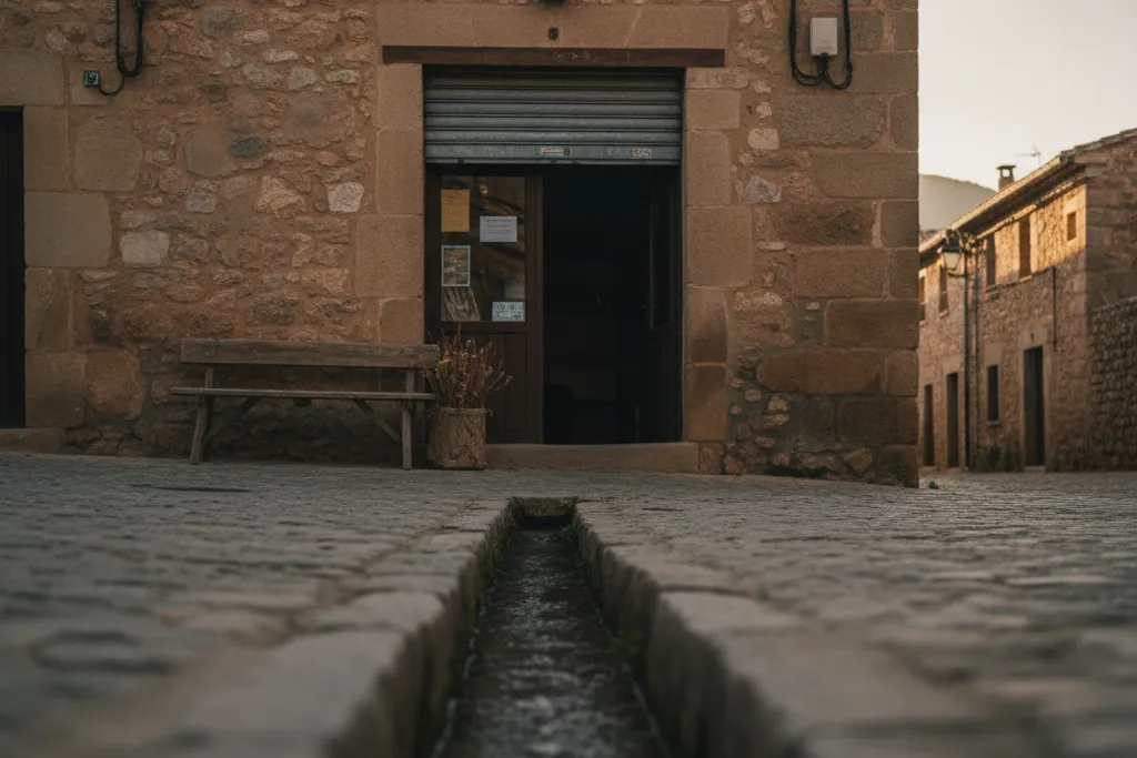 Acequia de agua corriendo por una calle empedrada frente a un pequeño comercio de piedra en un pueblo de Teruel